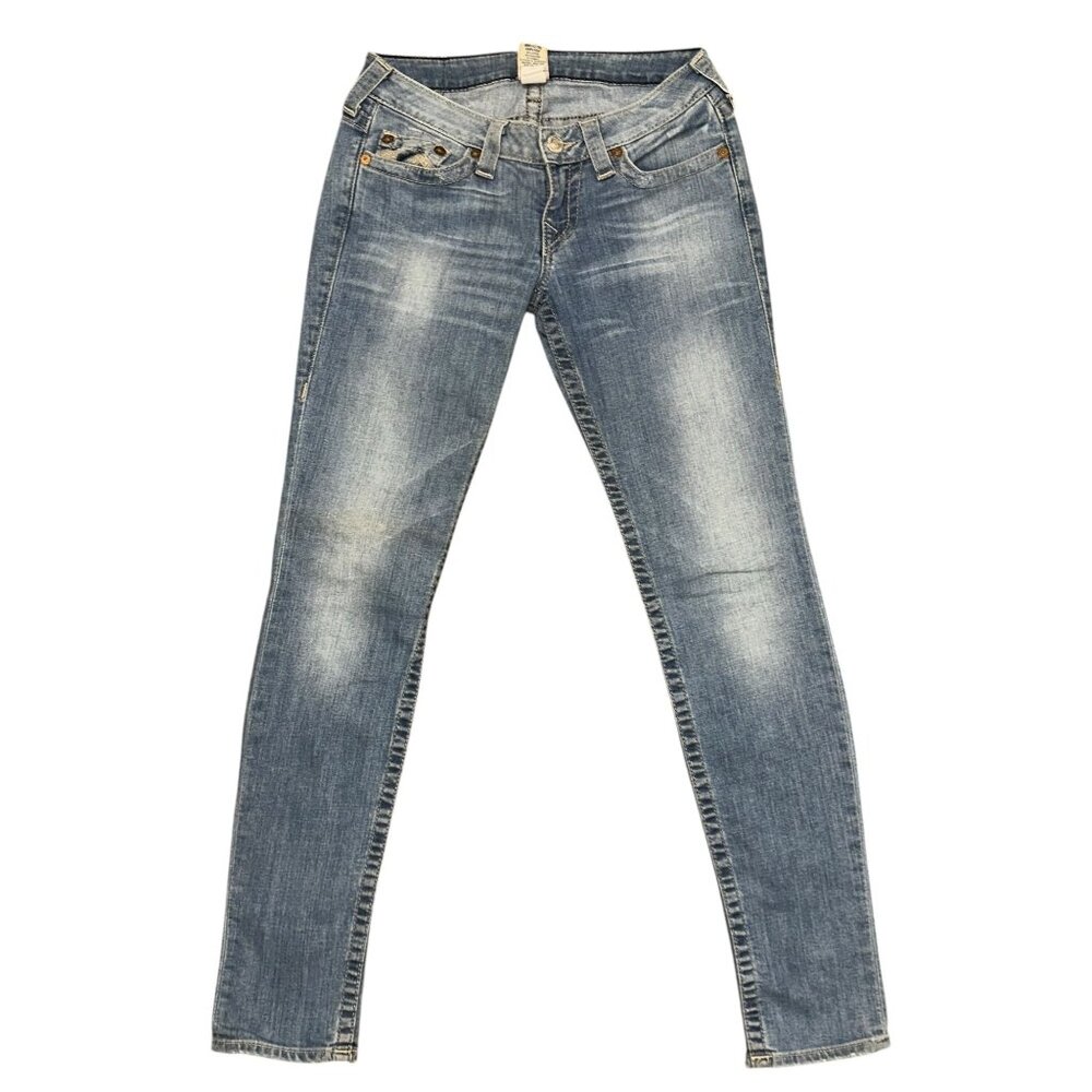 True Religion Womens Skinny Jeans 28 32 Light Wash Distressed Embroidered Blue - Picture 2 of 8